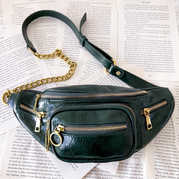 Handbags - Dark Emerald Green & Gold Faux Leather Fanny Pack